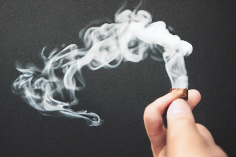 Image similar to A photo of thin soft hand holding cigarette with smoke, hyper realistic, black background