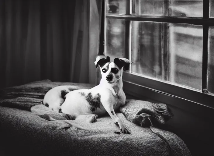 Image similar to photography of a Jack Russel . watching outside the window. on a bed. in a vintage room full of vinyls and posters.,volumetric light, photorealistic,, award winning photo, 100mm, sharp, high res