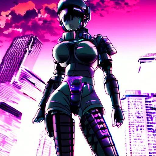 Prompt: anime manga key visual dark 3d official media ad campaign portrait of cute synthwave vaporwave armored soldier girl smiling at the camera in city technoir giger sorayama gantz