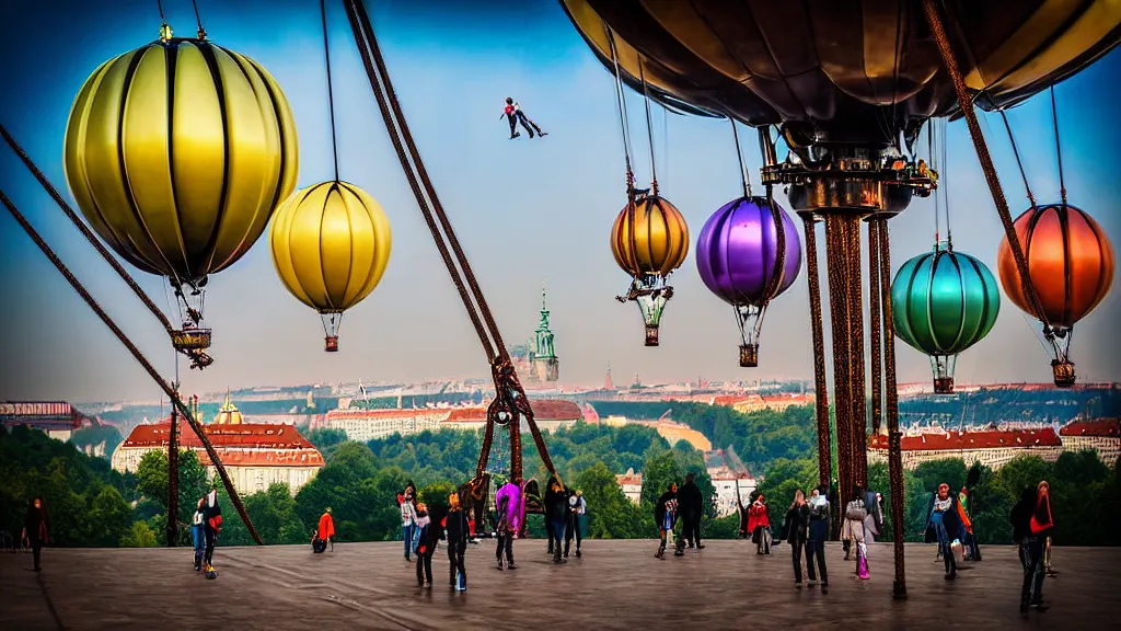 Prompt: large colorful futuristic space age metallic steampunk steam - powered balloons with pipework and electrical wiring around the outside, and people on rope swings underneath, flying high over the beautiful prague city landscape, professional photography, 8 0 mm telephoto lens, realistic, detailed, photorealistic, photojournalism