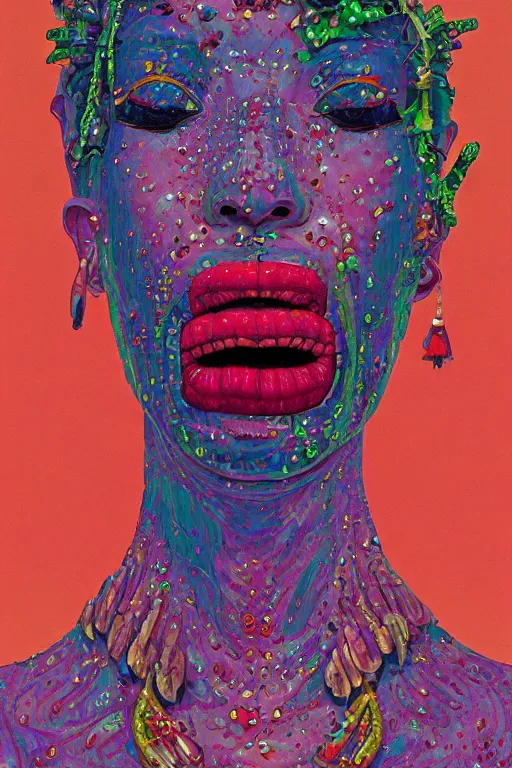 Prompt: a colorful vibrant closeup portrait of a woman with dark eye makeup and beaded crown licking a tab of lsd acid on his tongue and dreaming psychedelic hallucinations, by kawase hasui, moebius, edward hopper and james gilleard, zdzislaw beksinski, steven outram colorful flat surreal design, hd, 8 k, artstation