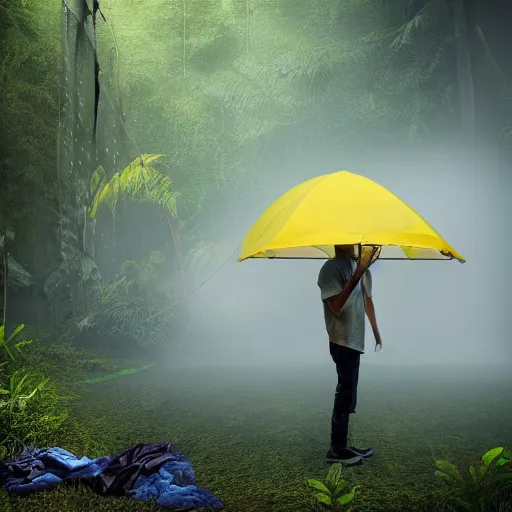 Prompt: photo studio rainforest with foggy background. yellow tent on floor. fisherman in balenciaga cloth, plastic bag and black mask. photorealistic high resolution, redshift render, 8 k