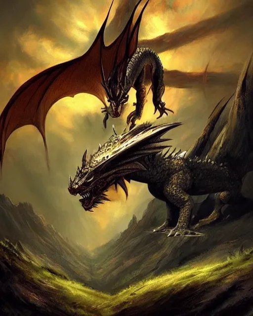 Prompt: ''dragon, rule of thirds, fantasy, mountain landscape, d & d, digital painting, artstation, deviantart, concept art, illustration, art by dragolisco and anne stokes and nico niemi''