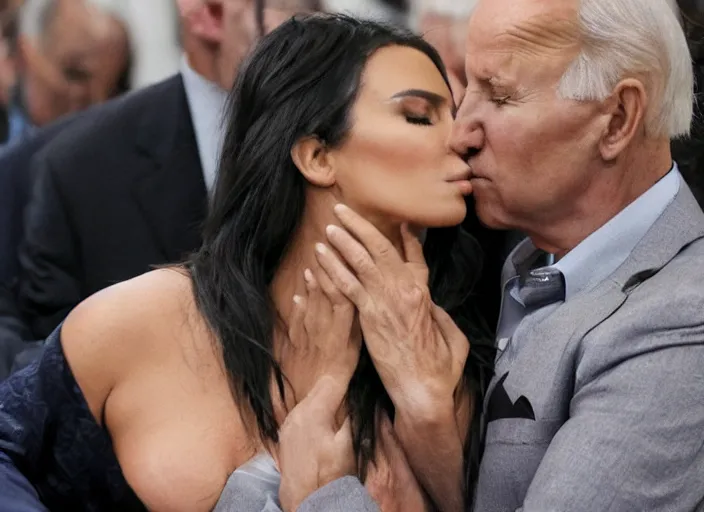 Image similar to film still of kim kardashian being kissed to sleep by joe biden, 8 k