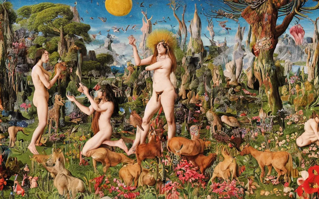 Prompt: photograph of a meditating centaur shaman and a striped catgirl feeding animals. surrounded by bulbous flowers, animals and a few trees. river delta with rock cliffs under a blue sky full of burning stars. painted by jan van eyck, max ernst, ernst haeckel, ernst fuchs and artgerm. trending on artstation, trending on cgsociety