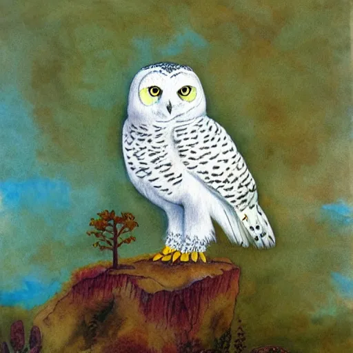 Image similar to snowy owl with cat tail and paws, gryphon, Louis William Wain watercolor, fantasy