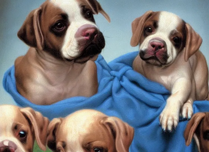 Prompt: baroque rococo painting The Fancy Royal Pitbull Puppies in the parlor portrait Greg Hildebrandt high detail pastel cute