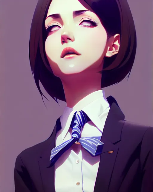 Image similar to a ultradetailed beautiful portrait panting of a stylish woman wearing a shirt with a tie, by ilya kuvshinov, greg rutkowski and makoto shinkai, trending on artstation