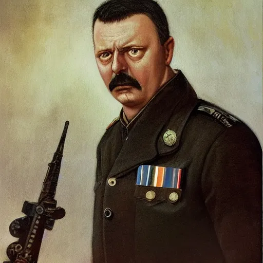 Prompt: Portrait of Igor Ivanovich Strelkov while he is calling for total war mobilization, photo-realistic, color image, 2K, highly detailed, by H.R.Giger