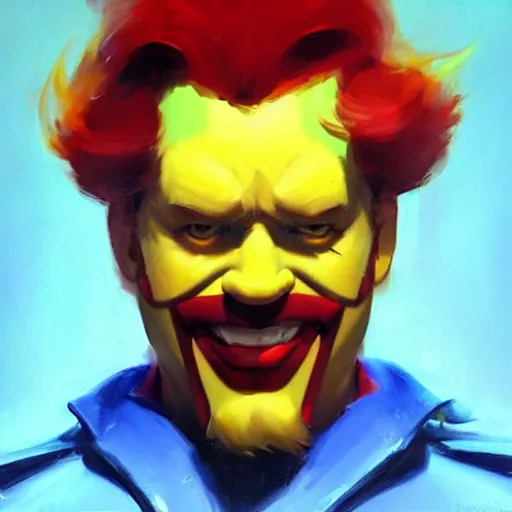 Prompt: greg manchess portrait painting of ronald mcdonald as overwatch character, medium shot, asymmetrical, profile picture, organic painting, sunny day, matte painting, bold shapes, hard edges, street art, trending on artstation, by huang guangjian and gil elvgren and sachin teng