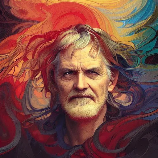 Prompt: The face of a wise but stern old man made out of swirling stormclouds in a stormy sky. Colorful, reds, yellows, blues. Beautiful, dreamy digital art by Artgerm and Greg Rutkowski and Alphonse Mucha