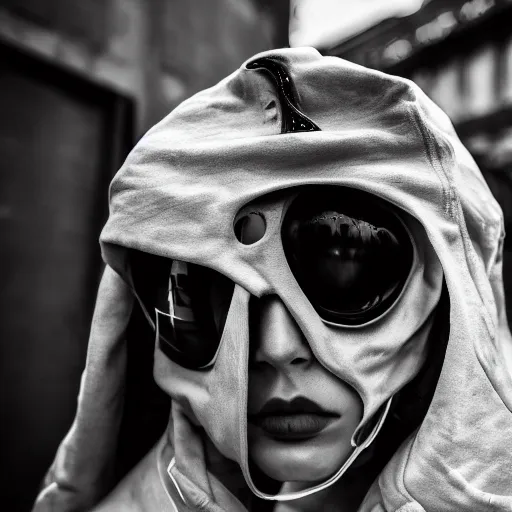 Prompt: fashion photography of an extraterrestrial model, wearing futuristic hip - hop streetwear fashion, inside berghain, berlin fashion, futuristic fashion, photo 3 5 mm leica, hyperdetail, hoodie, 8 k, very detailed, black and white