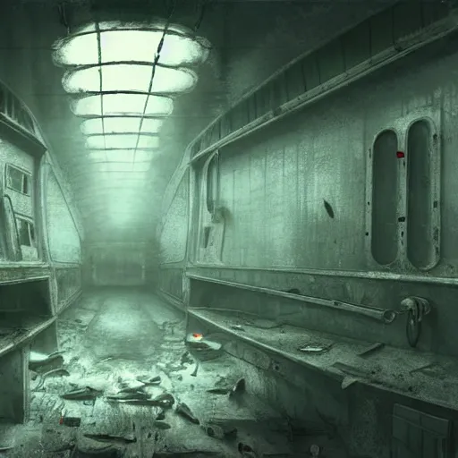 Image similar to inside an narrow quarter room of an abandonned ussr uboat, dim lighting with very small lightrays, comming, concept art, 4 k, hd, art station trending, sergii ivanchenko, sharp and highly detailed