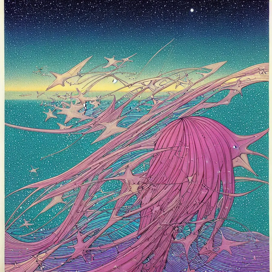 Image similar to ( ( ( ( shinning starry sky and sea, with decorative frame design ) ) ) ) by mœbius!!!!!!!!!!!!!!!!!!!!!!!!!!!, overdetailed art, colorful, artistic record jacket design