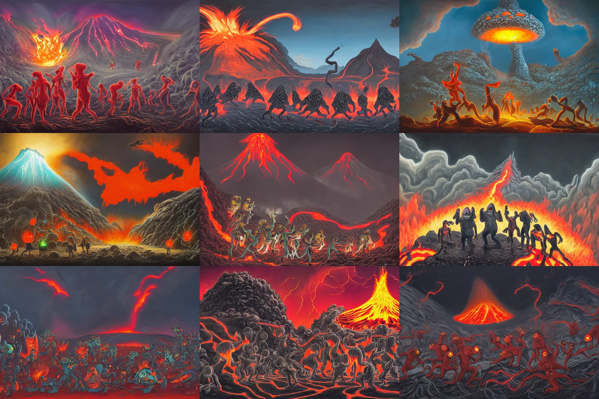 Prompt: a group of strange masked people struggling and grabbing for a very large pizza, in front of a volcano spewing lava and black smoke, from below, streams of glowing hot lava, flashes of lightning in the distance, wide shot, long shot, an ultrafine detailed painting by joe fenton, deviantart, pop surrealism, whimsical