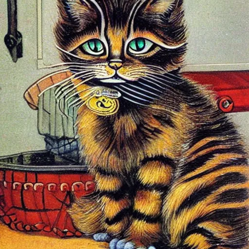 Prompt: trash can cat by louis wain