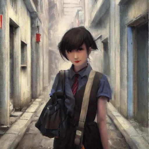 Image similar to a perfect, realistic professional socialist realism socrealist painting of a Japanese schoolgirl posing in a dystopian alleyway, style of Marvel, full length, by a professional Soviet senior artist on ArtStation, a high-quality concept