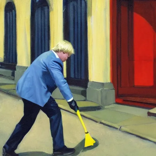 Image similar to A fine art painting of Boris Johnson doing community service in a high vis vest, he is picking litter on a British street. In the style of Edward Hopper and Wes Anderson