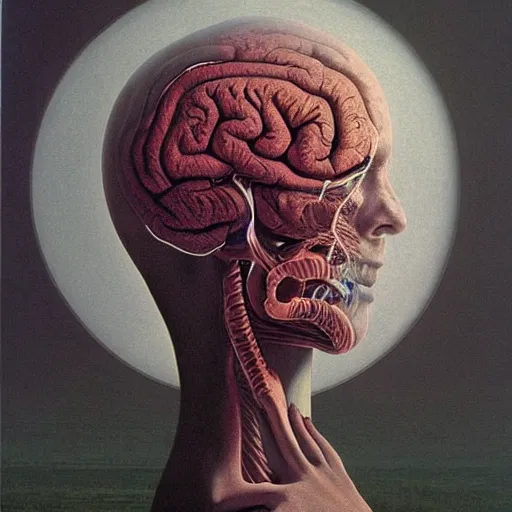 Prompt: Painting, Creative Design, Human brain, Biopunk, Body horror, by Zdzisław Beksiński