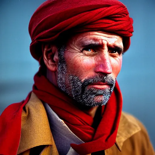 Image similar to portrait of president joe biden as afghan man, green eyes and red scarf looking intently, photograph by steve mccurry