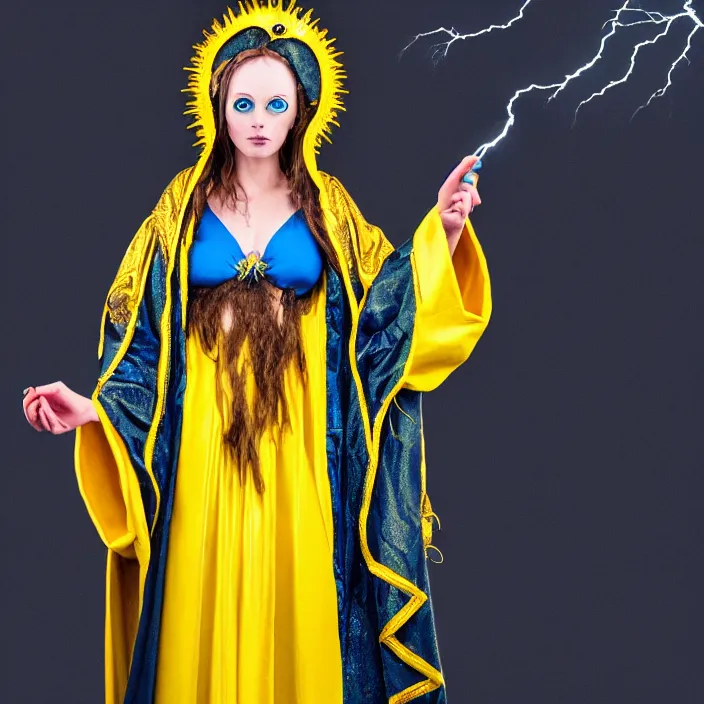 Image similar to photograph of a real - life beautiful!! elemental lightning witch with ornate yellow and blue robes. extremely detailed. 8 k