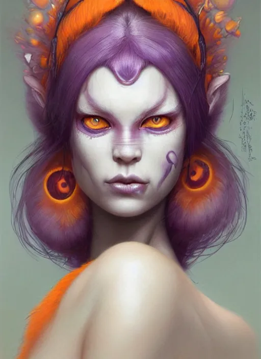 Image similar to a detailed facial portrait of a female nekomata with purple hair and orange eyes, a beautiful face, mutation, by tom bagshaw, by dorian cleavenger, zdzisław beksinski, bastien lecouffe - deharme trending on artstation