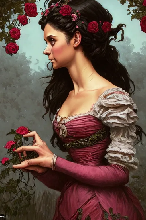 Image similar to Nina Dobrev dressed in a victorian roses dress fashion, D&D, fantasy, intricate, elegant, highly detailed, digital painting, artstation, concept art, matte, sharp focus, illustration, art by Artgerm and Greg Rutkowski and meredit frampton and Alphonse Mucha