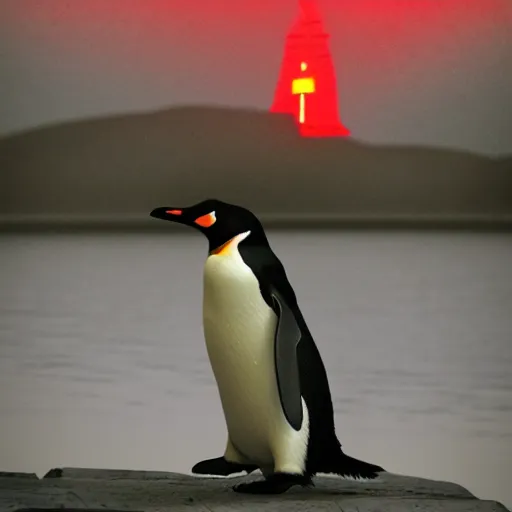 Image similar to penguin with red glowing eyes in front of a green glowing tower in the background, lord of the rings style