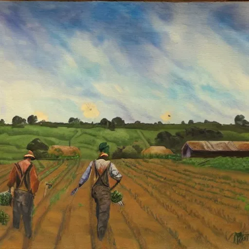 Prompt: a farmer farming in war, blazing sky, painting, midjourney style