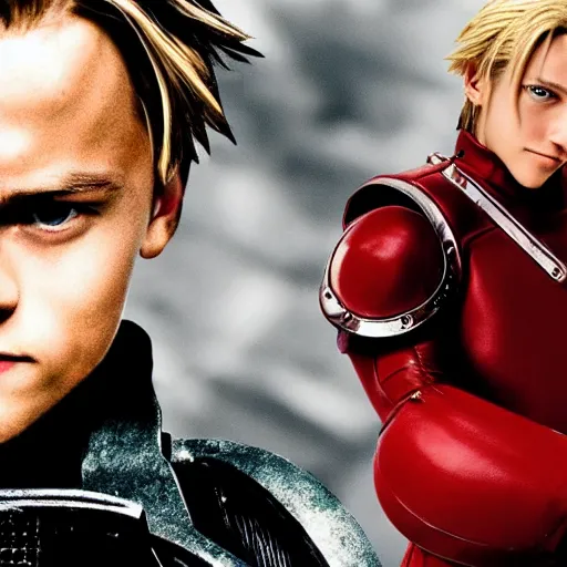 Image similar to photo portrait of young Leonardo Di Caprio as Edward Elric , full body, cinematic light, Full Metal Alchemist, movie, 4K