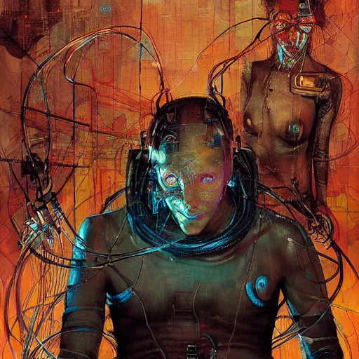 Image similar to male cyberpunk hacker dream thief mayan jaguar warrior, wires cybernetic implants, in the style of adrian ghenie, esao andrews, jenny saville, surrealism, dark art by james jean, takato yamamoto