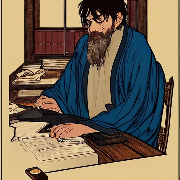 Prompt: fantasy portrait of a wizard procrastinating at his desk!!, wizard robes, in the style of ryan jia, highly detailed. smooth, sharp focus, soft lighting, illstration by ilya kuvshinov and katsura masakazu and alphonse mucha, 8 k