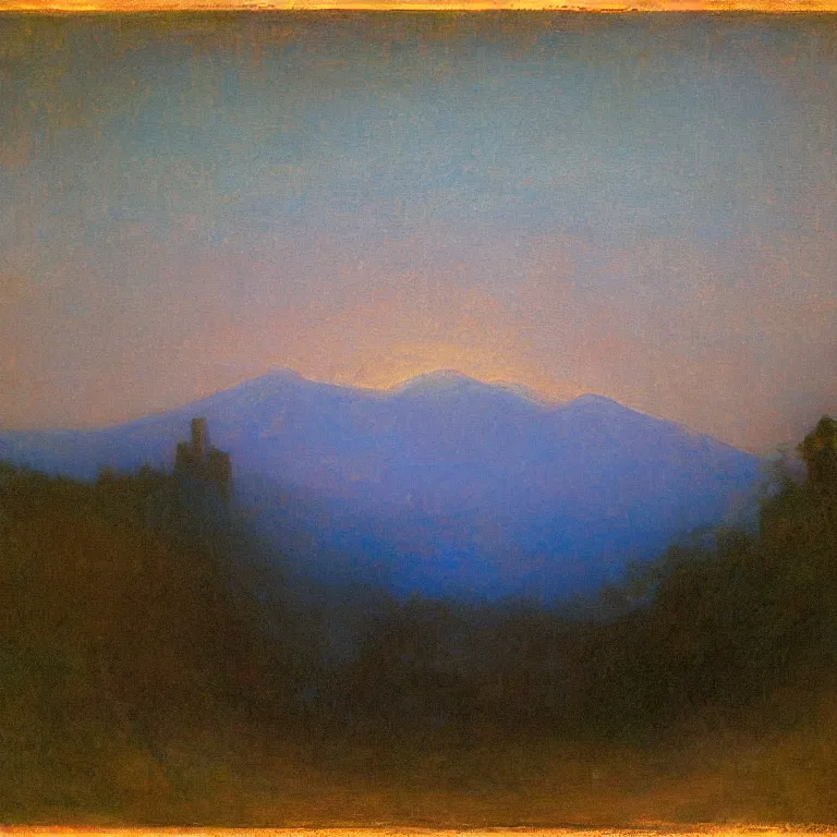 Image similar to zarathustra look up at the magic mountain, before dawn, oil painting, abbott handerson thayer, blue palette