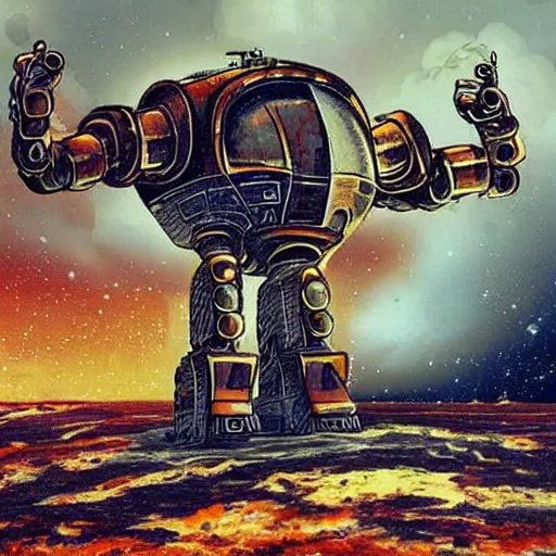 Prompt: giant rusted alien robot floating in space