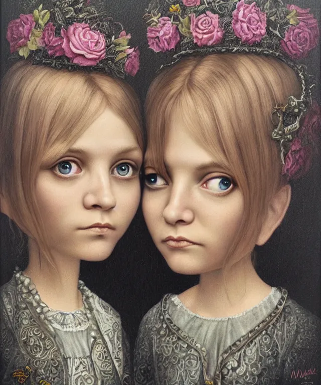 Image similar to epic fantasy portrait of sisters Olsen, lowbrow painting by Mark Ryden