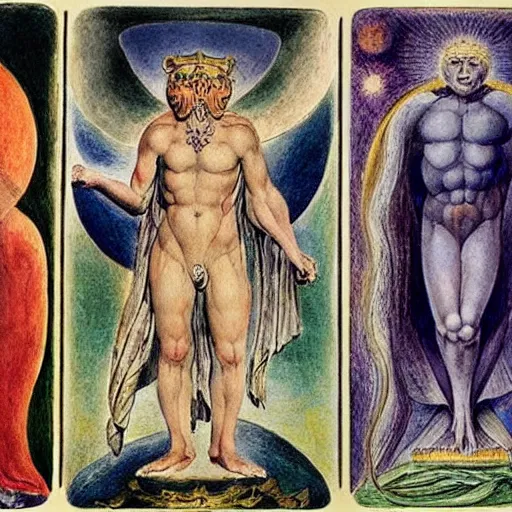 Prompt: tarot, major arcana, hyperrealism, art by william blake