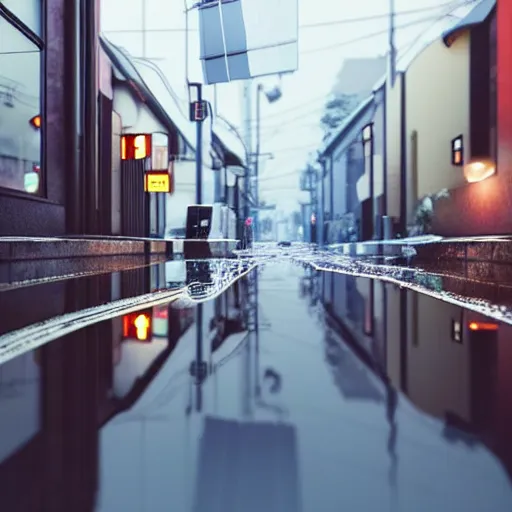 Image similar to still photo of rain puddles and reflections in a japanese street, cloudy weather, highly detailed, photorealistic shot, bright studio setting, studio lighting, crisp quality and light reflections, unreal engine 5 quality render