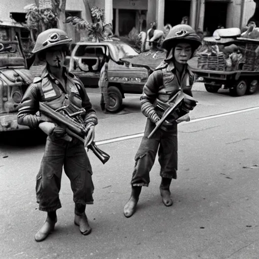 Image similar to small soldiers, 1970s Vietnam war street performers