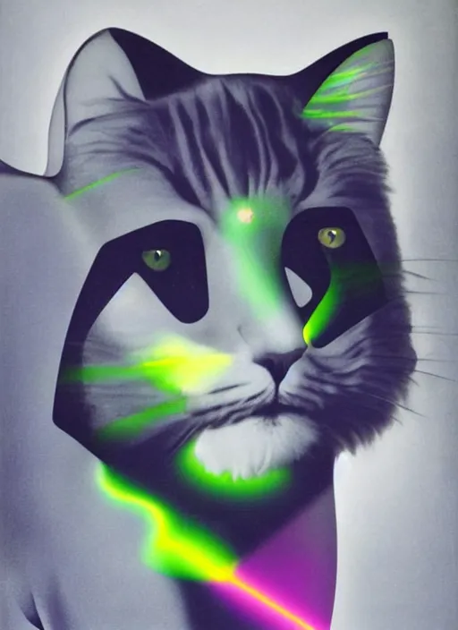 Image similar to futuristic laser beams tracing, laser cat, selkirk rex longhair, by steven meisel, kaws, rolf armstrong, mondrian, kandinsky, perfect geometry abstract acrylic, octane hyperrealism photorealistic airbrush collage painting, dark monochrome, fluorescent colors, minimalist rule of thirds, eighties eros