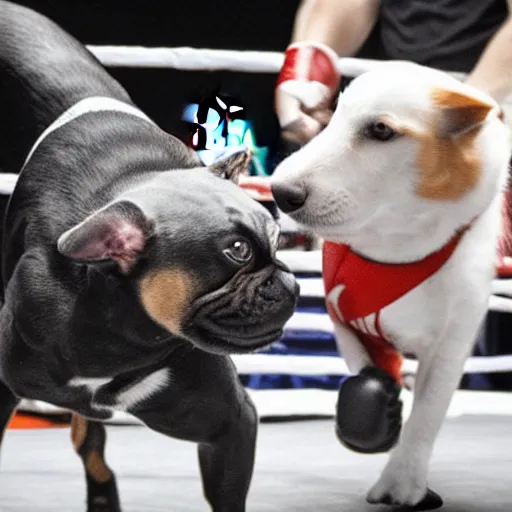Image similar to a dog winning a boxing match against a cat