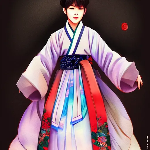 Prompt: Jimin bts in traditional hanbok clothing, by Lim Chuan Shin, rossdraws, artgerm and Mandy jergens