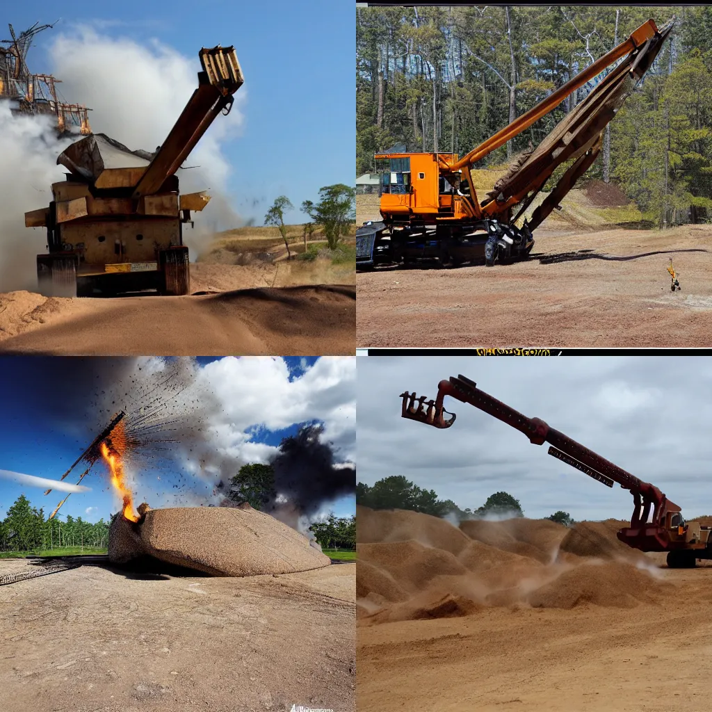 Prompt: Bagger 288 throwing boulders like a trebuchet.