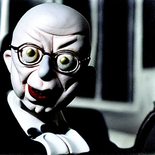 Image similar to claymation klaus schwab by jan svankmajer, hyperrealistic, very detailed, tim burton, 3 5 mm film still, gothic, horror, eldritch