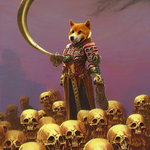 Prompt: anthropomorphic shiba inu, wearing gold armor, standing on pile of skulls, graveyard of skulls, fantasy 3 d render, masterpiece, glowing red light aura, by donato giancola and greg rutkowski and wayne barlow and zdzisław beksinski, realistic face