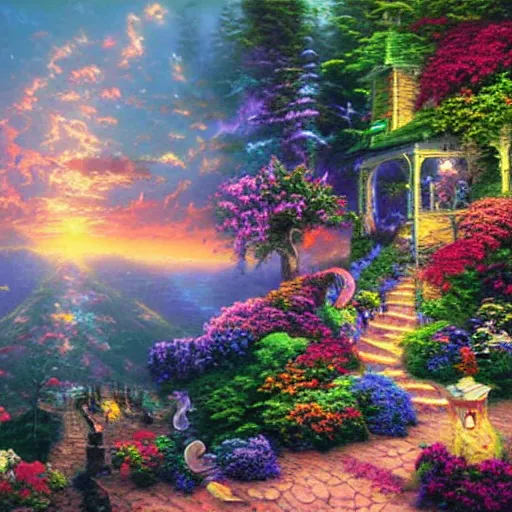 Prompt: peak of an acid trip, painting by Thomas Kinkade