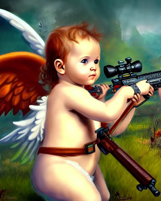 Prompt: fantasy art of a baby angel with sniper rifle, haven