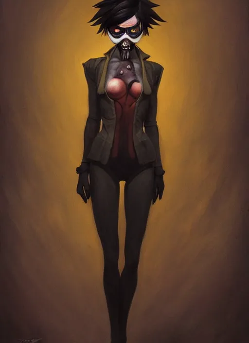 Image similar to dark portrait painting of tracer from overwatch, in style of zdzisław beksinski, scary, horror, overwatch tracer character, dressed in dark garment, tall,