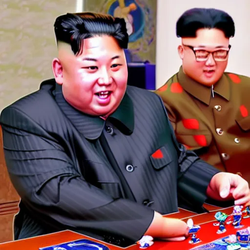 Image similar to kim jong un playing yugioh card game against donald trump, 4 k, lighthearted