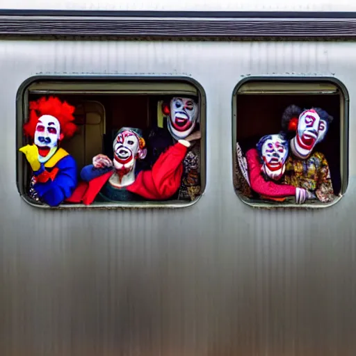 Image similar to a train full of clowns in the windows