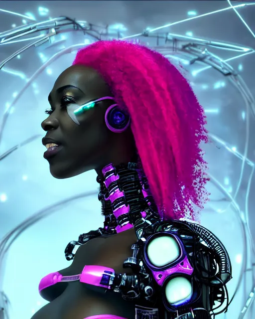 Image similar to portrait of a beautiful black woman with pink hair as a cyberpunk cyborg half robot, revealing wires and electronics, hooked - up, sci - fi, missing panels, intricate abstract upper body intricate artwork, concept art, octane render, deviantart, cinematic, key art, hyperrealism, iridescent accents, portrait photograph, nikon 3 5 mm, photograph by greg rutkowski